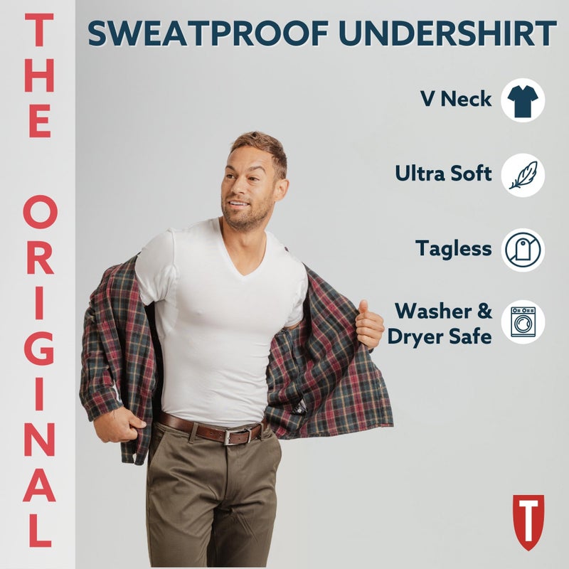 THOMPSON TEE Men's Sweatproof Undershirt - V Neck T-Shirt with Underarm Sweat Pads - Slim Fit - Aluminum-Free Alternative - White - X-Large - Image 4
